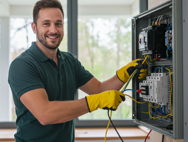 Smiling electrician wearing yellow gloves working on an electrical panel