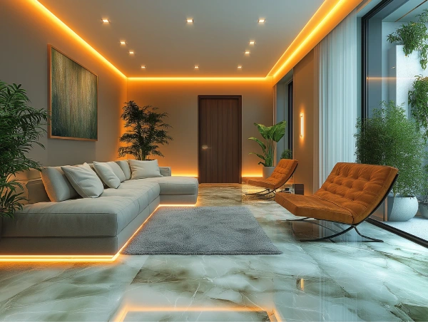 Modern living room with energy-efficient LED lighting for enhanced ambiance.
