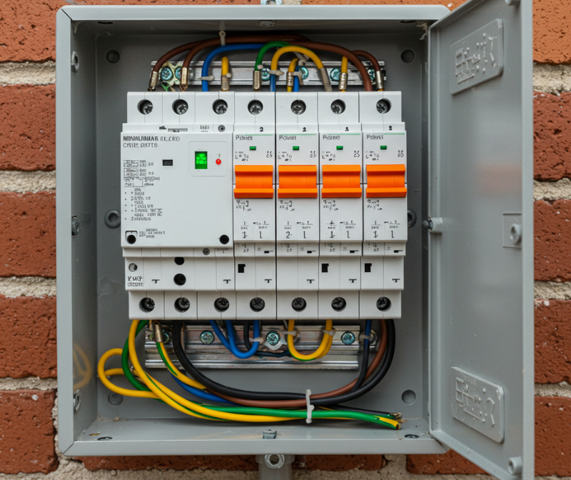 Close-up view of an open electrical switchboard mounted on a brick wall, showing circuit breakers and wiring.