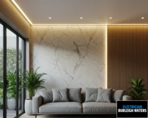 Stylish living room featuring a grey sofa, marble accent wall, and warm ambient lighting.