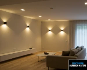 Minimalist room with soft wall-mounted lights and wood flooring creating a cosy atmosphere.