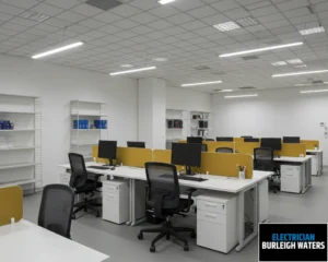 Corporate office interior featuring rows of empty desks, chairs, and desktop monitors.