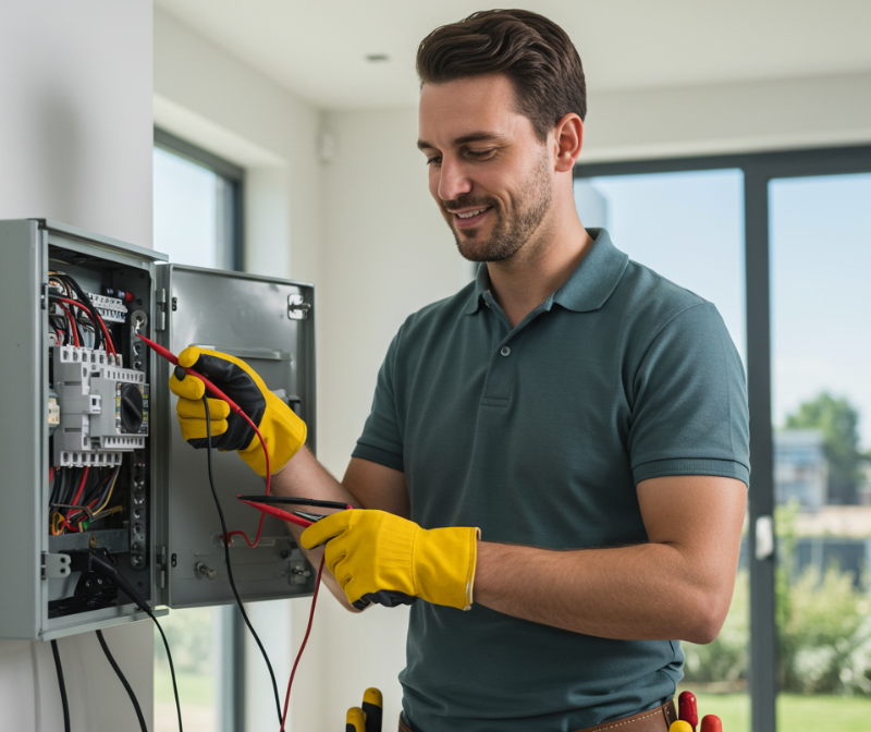 Smiling electrician wearing gloves while repairing a circuit board inside a residential switchboard.